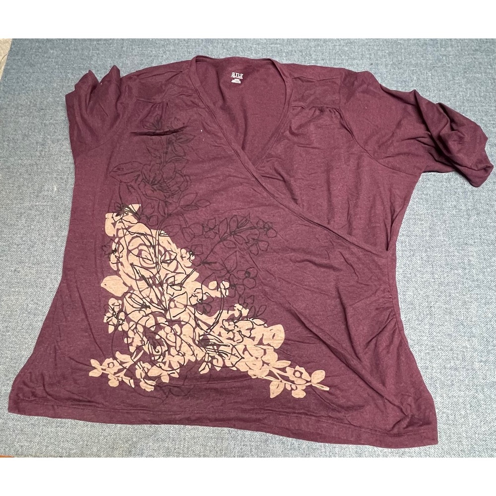 a.n.a A New Approach Burgundy Floral Wrap Top V-Neck Short Sleeve Plus Size 3X